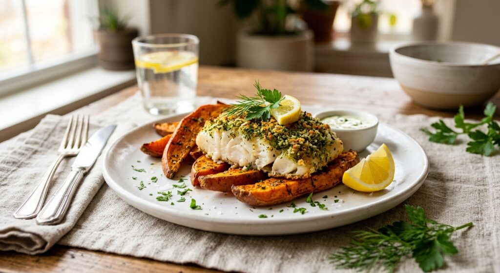Air Fryer Sweet Potato & Herb Crusted Cod