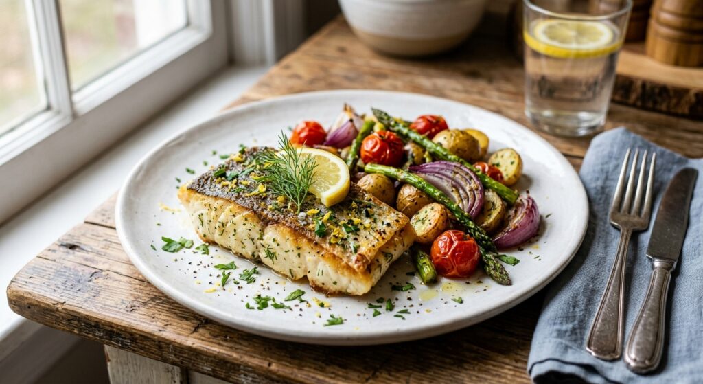 Zesty Lemon Pan-Seared Cod Roasted Veggies