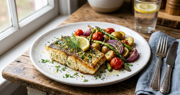 Zesty Lemon Pan-Seared Cod Roasted Veggies